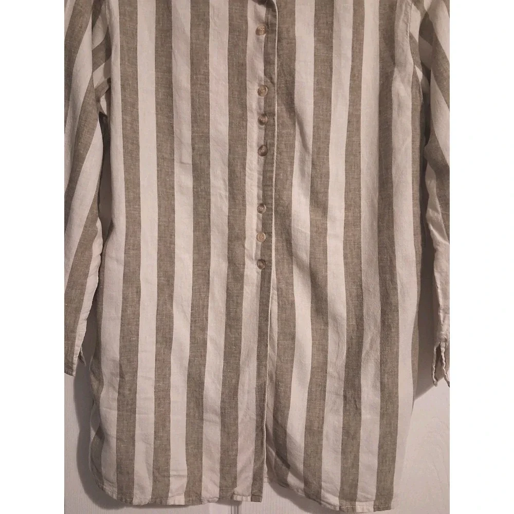 Vntg 90s Linen Blend Striped Button Shirt Tunic Granola Coastal Minimalist